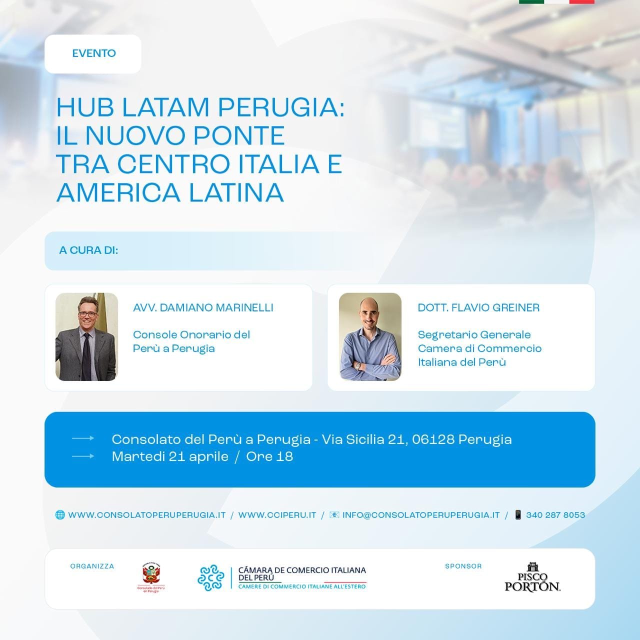 Locandina dell'evento Hub Latam Perugia del 21 aprile 2026 al Consolato del Perù